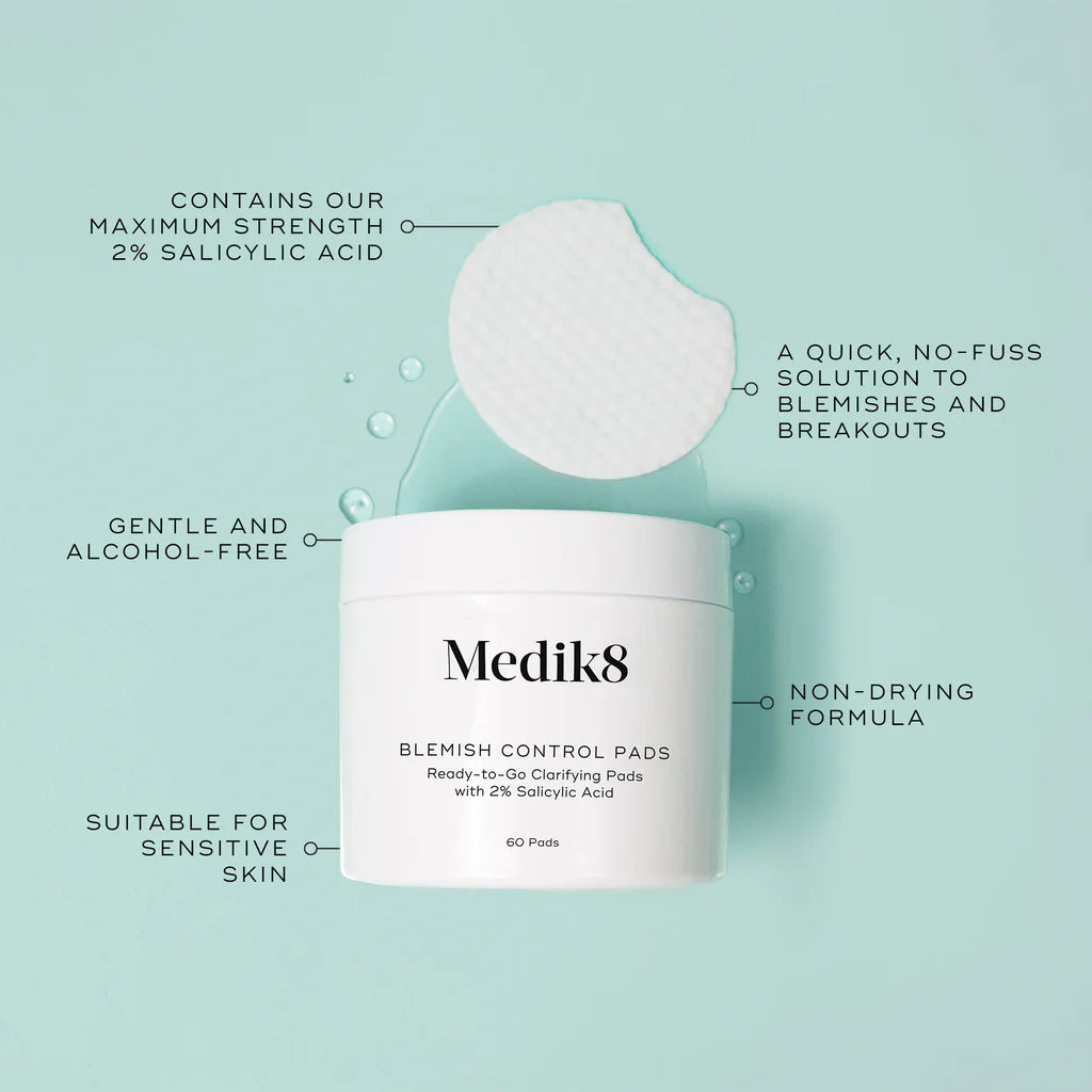 Medik8 Sale. Medik8 Blemish Control Pads, containing Salicylic Acid, Allantoin and Glycerin help reduce and prevent acne, breakouts, pimples and blackheads