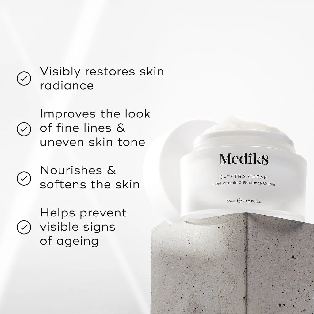 Medik8 Sale. Medik8 C-Tetra Cream. Restore radiance and fight visible signs of ageing with C-Tetra Cream. Contains Vitamin C, Vitamin E and Hyaluronic Acid