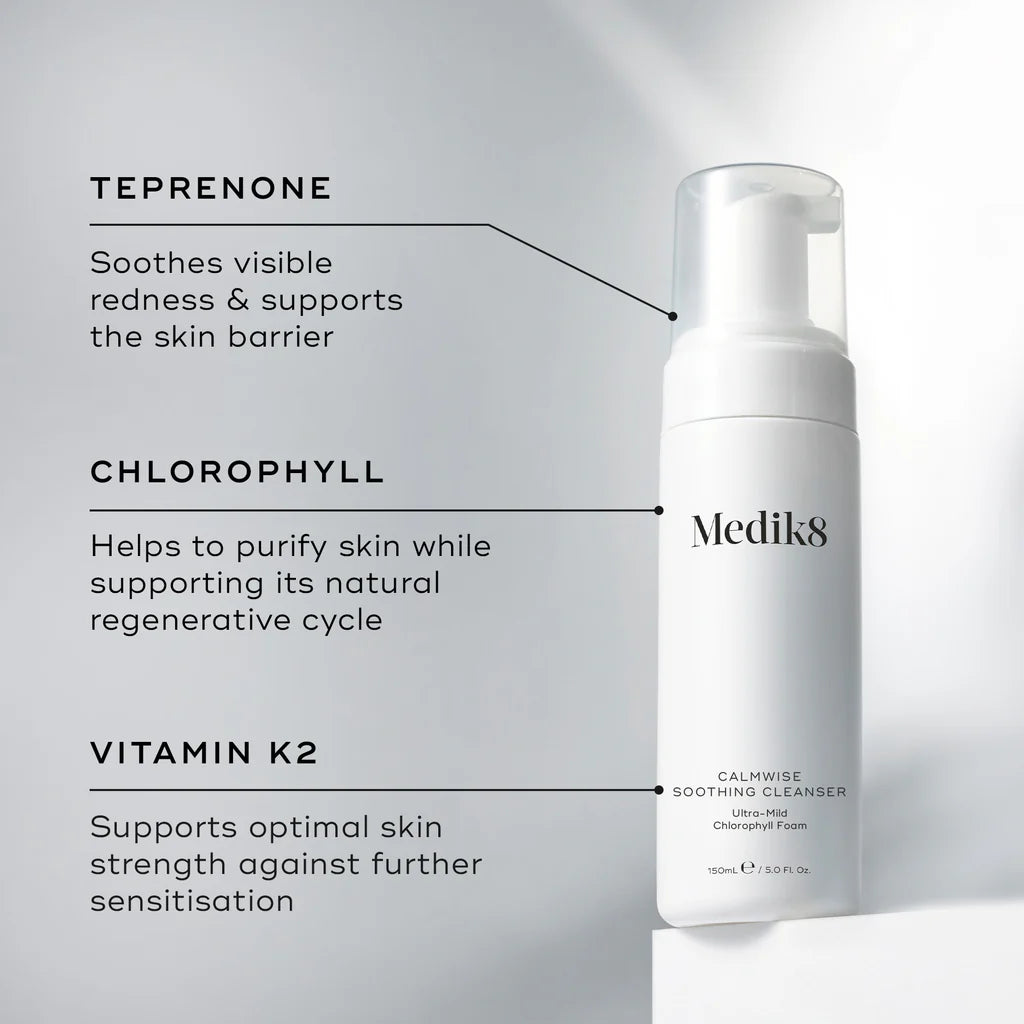 Medik8 Sale. Medik8 Calmwise Soothing Cleanser is suitable for sensitive and redness prone skin. Medik8 Calmwise Soothing Cleanser contains Teprenone, Chlorophyll, Vitamin K2 and Organic Sweet Orange Oil.  