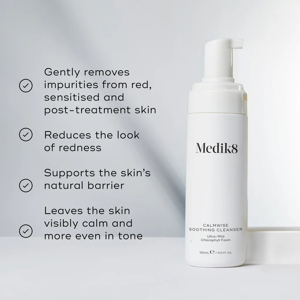 Medik8 Sale. Medik8 Calmwise Soothing Cleanser is suitable for sensitive and redness prone skin. Medik8 Calmwise Soothing Cleanser contains Teprenone, Chlorophyll, Vitamin K2 and Organic Sweet Orange Oil.  