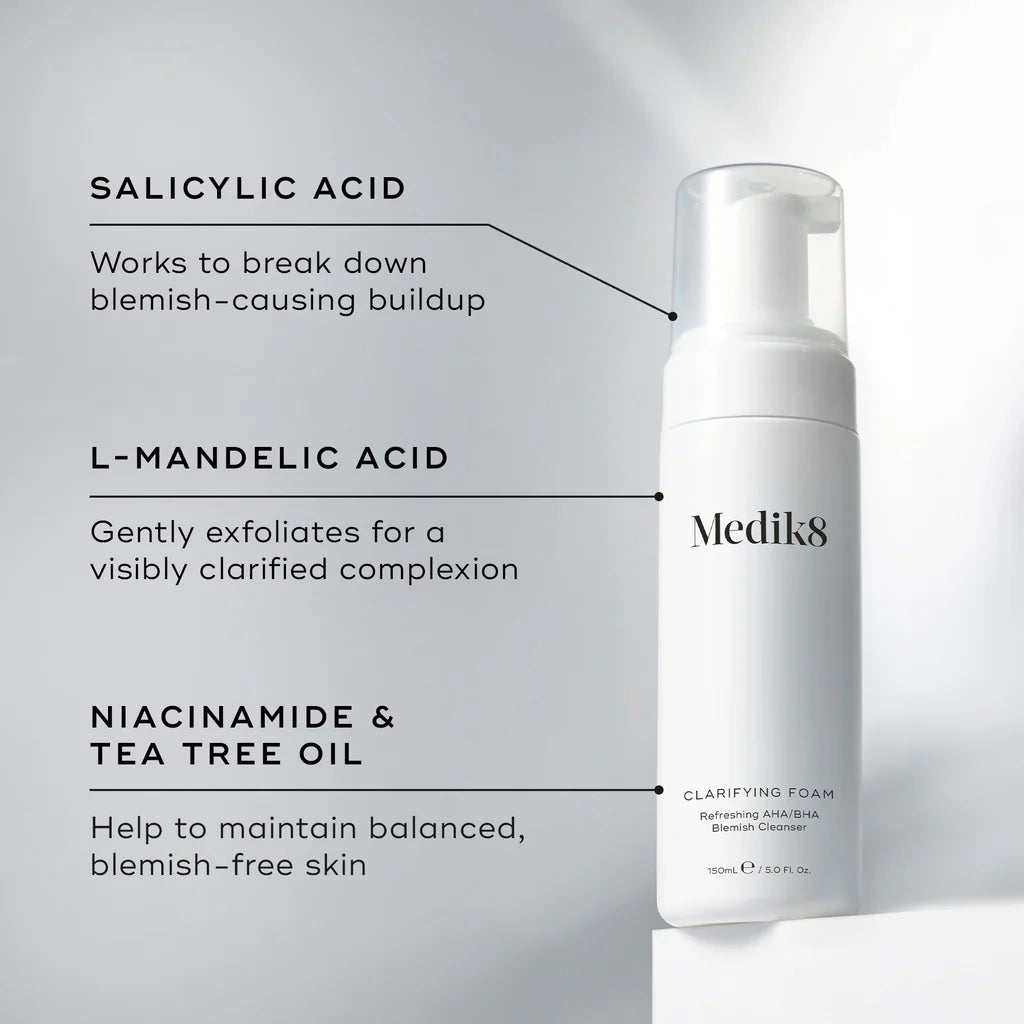 Medik8 Sale. Medik8 Clarifying Foam is suitable for acne and blemish prone skin. Medik8 Clarifying Foam contains Salicylic Acid, L-Mandelic Acid and Niacinamide. Perfect for teenage skin.