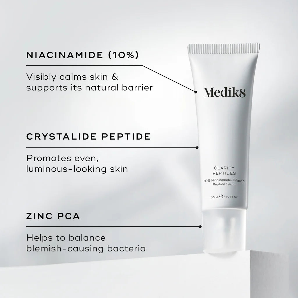 Medik8 Sale. Medik8 Clarity Peptides Helps to balance oil production and bacteria to tackle the look of blemishes and congestion. Contains Niacinamide, Zinc PCA and Hyaluronic Acid