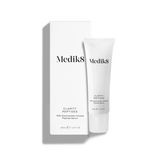 Medik8 Sale. Medik8 Clarity Peptides Helps to balance oil production and bacteria to tackle the look of blemishes and congestion. Contains Niacinamide, Zinc PCA and Hyaluronic Acid