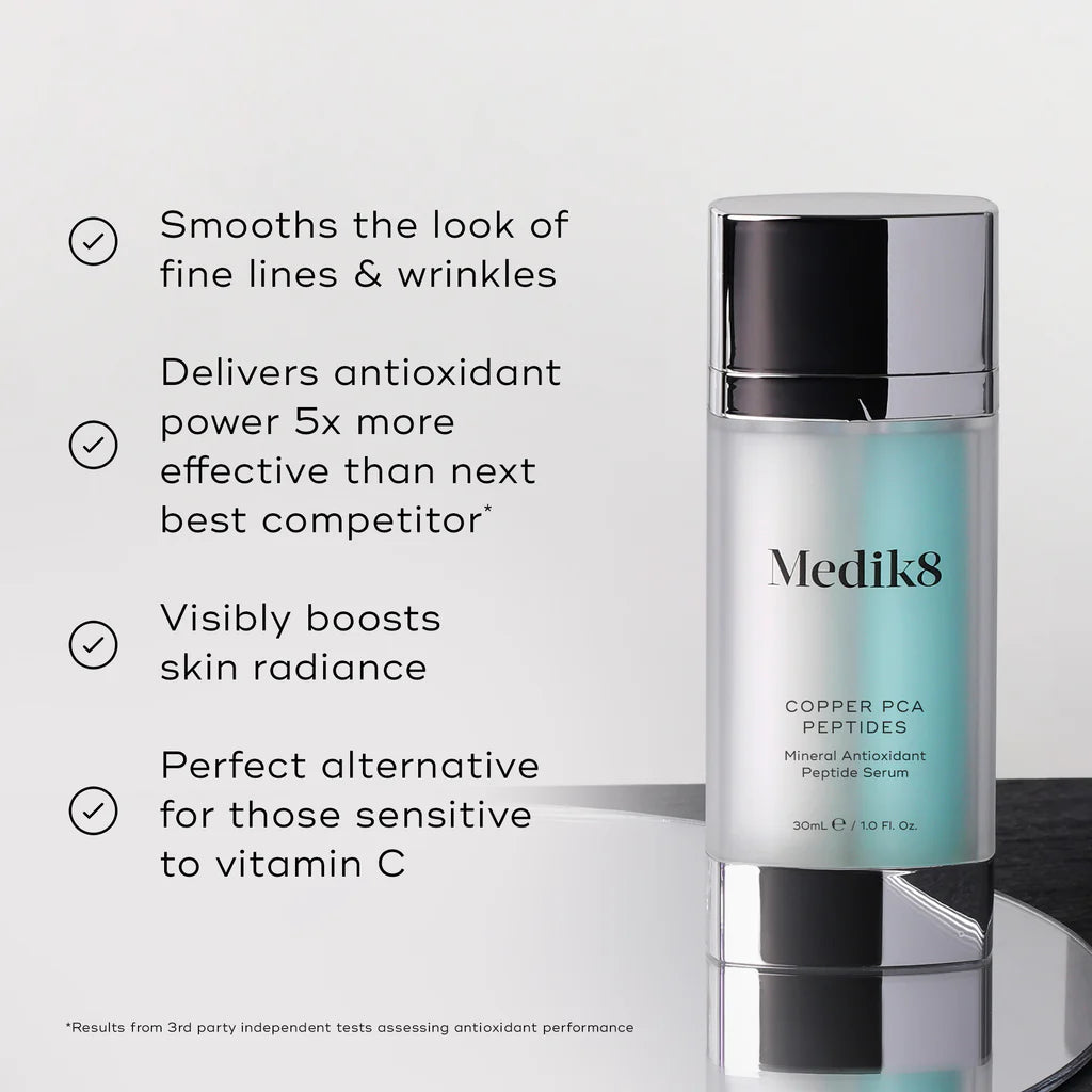 Medik8 Sale. Medik8 Copper PCA Peptides is Infused with powerful antioxidants and age-defying peptides, Copper PCA Peptides works to smooth the look of fine lines and wrinkles while boosting the skin's visible radiance and plumpness.