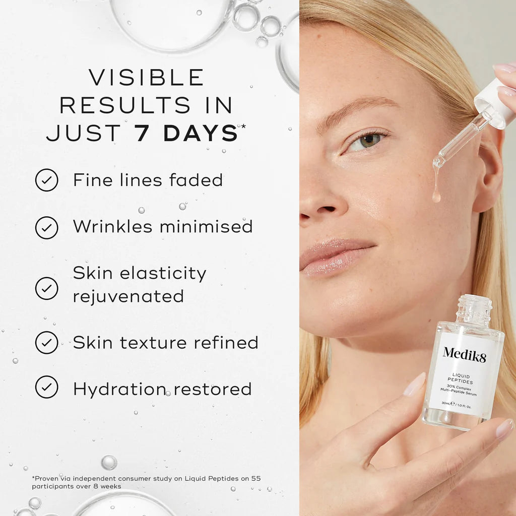 Medik8 Sale. Medik8 Liquid Peptides. Fine lines, expression lines, and deep-set wrinkles are visibly smoothed as the lightweight serum visibly plumps, firms and refines uneven skin texture.