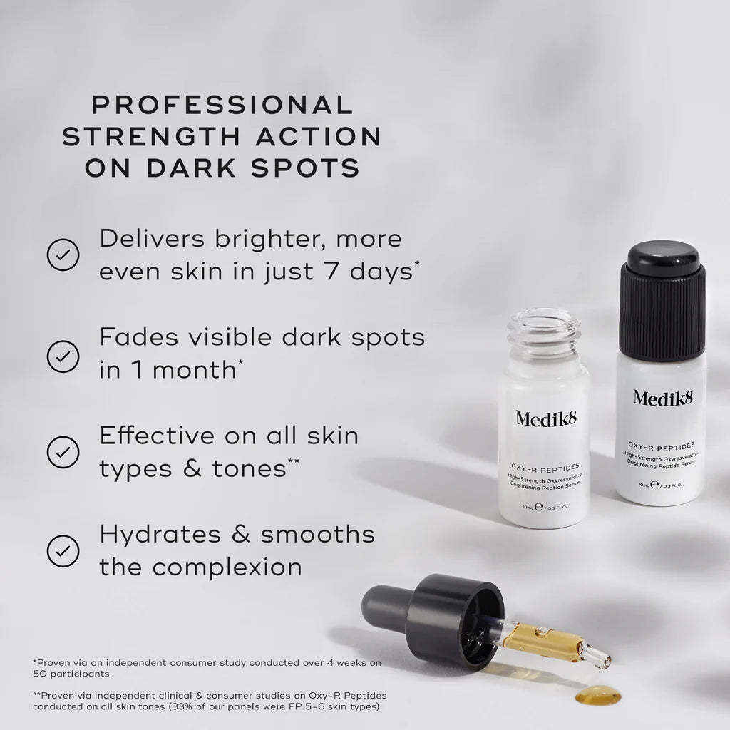 Medik8 Sale. Medik8 Oxy-R Peptides is clinically proven to deliver profound yet gentle visible action on dark spots, discolouration and uneven skin tone